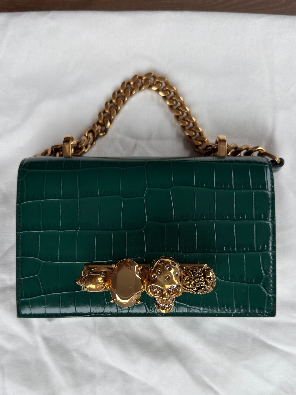 ALEXANDER MCQUEEN ‘Mini Jeweled Croc Satchel’ in Emerald/Gold - Picture 6 of 14